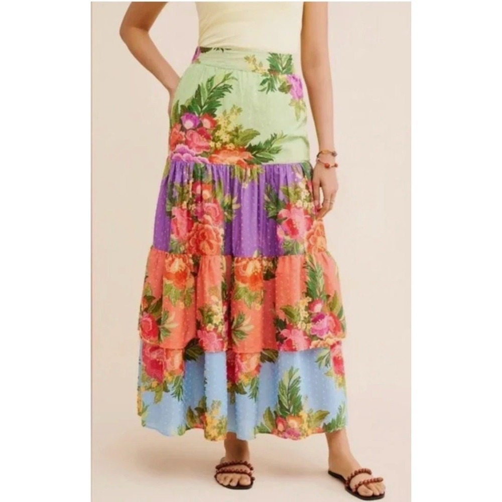 Farm Rio Anthropologie Floral Tiered Maxi Skirt Size Medium Colorful - Picture 5 of 16
